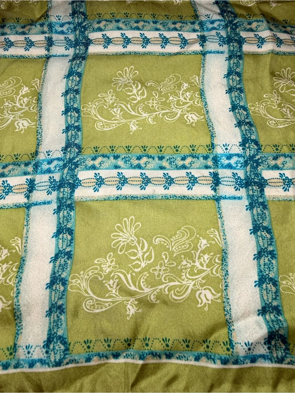 Vintage 100% silk Green and Teal Silk Scarf